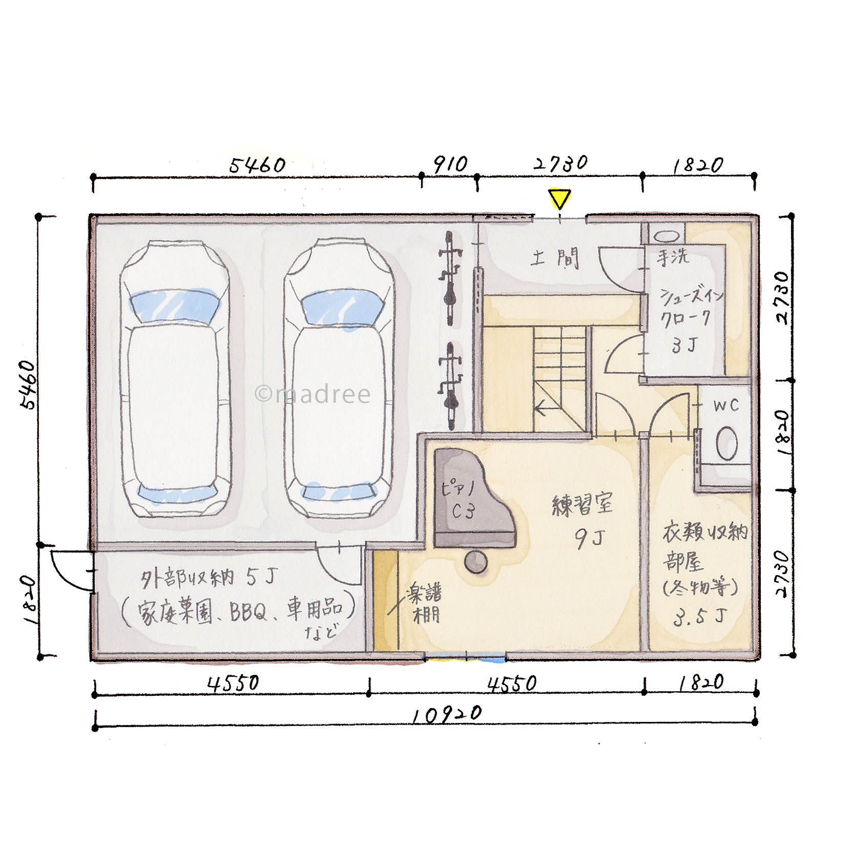 フロアごとに暮らしが充実しrやすさが詰まった音楽練習室のある3階建ての家