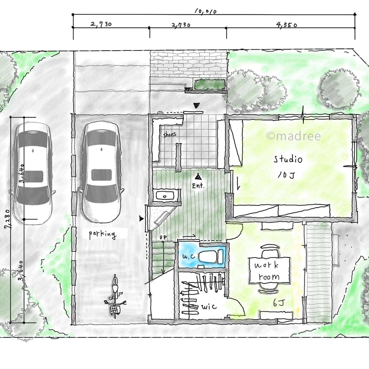 仕事スペースをしっかり確保しながら住居スペースは採光とシンプル動線で住み心地が良い家