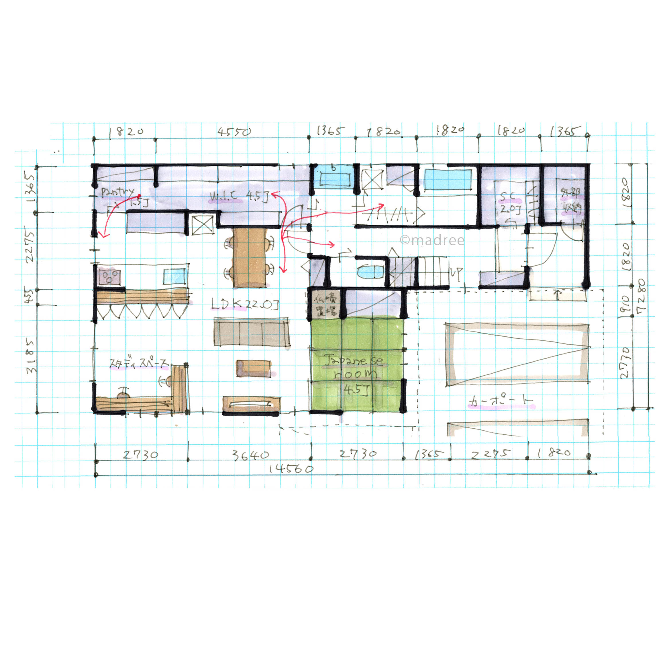 家事裏動線で空間を分けながらも効率良く回遊できる間取り
