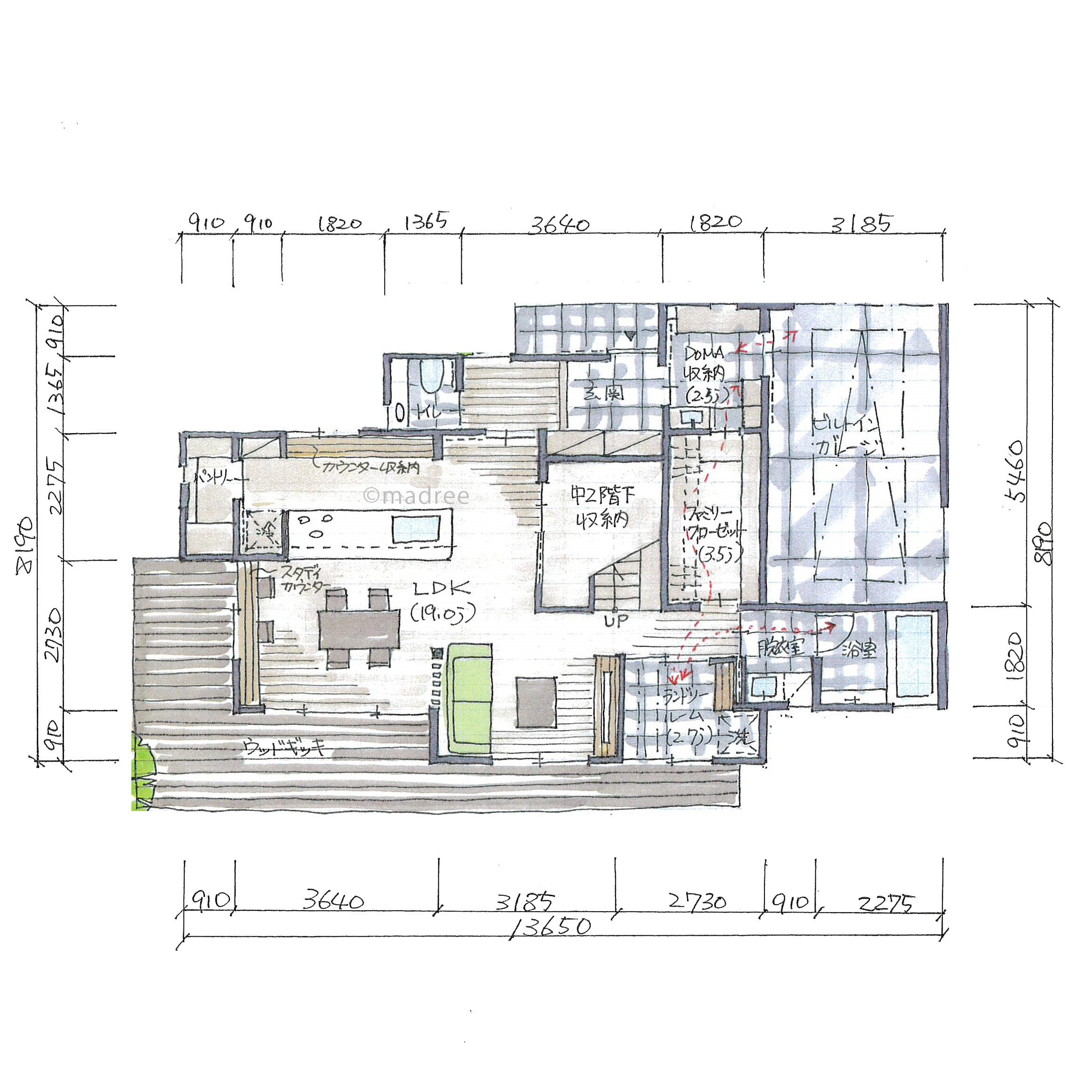 片付けながらのウォークスルー裏動線で、すっきりリビングを保つ家