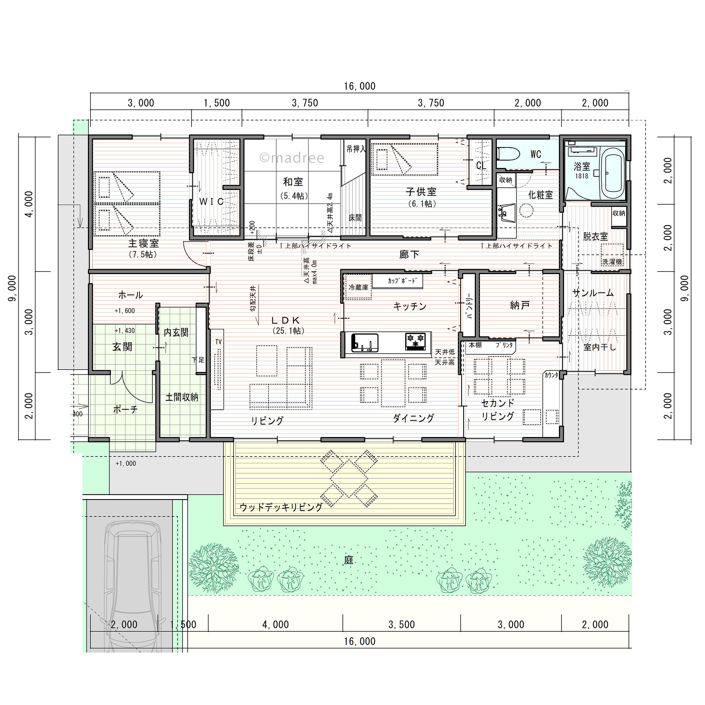 四方からアクセスできるキッチンと、程よい距離感のセカンドリビングのある平屋