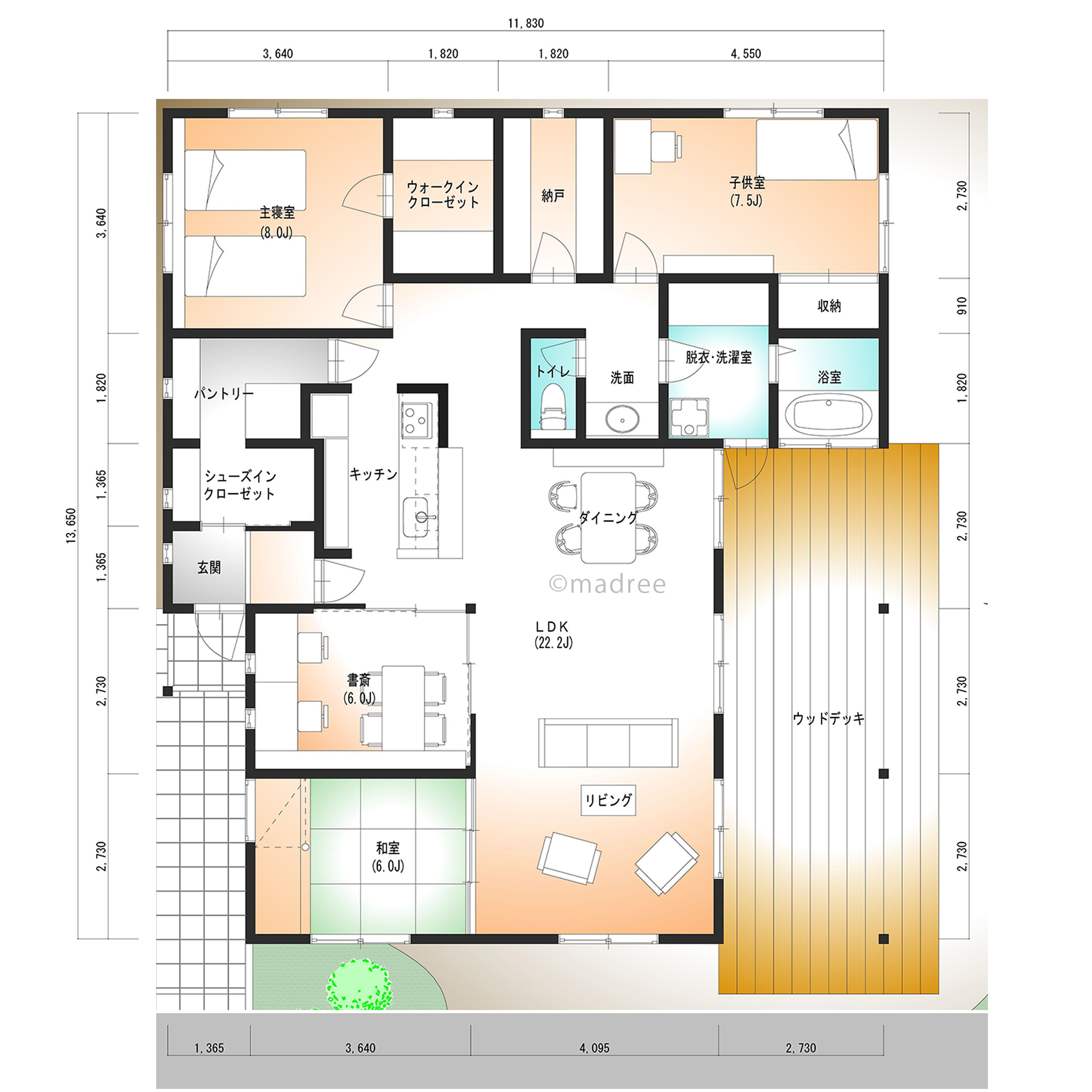 大きなウッドデッキに面したリビングが心地良い、毎日顔を合わせる家族の絆を育む平屋