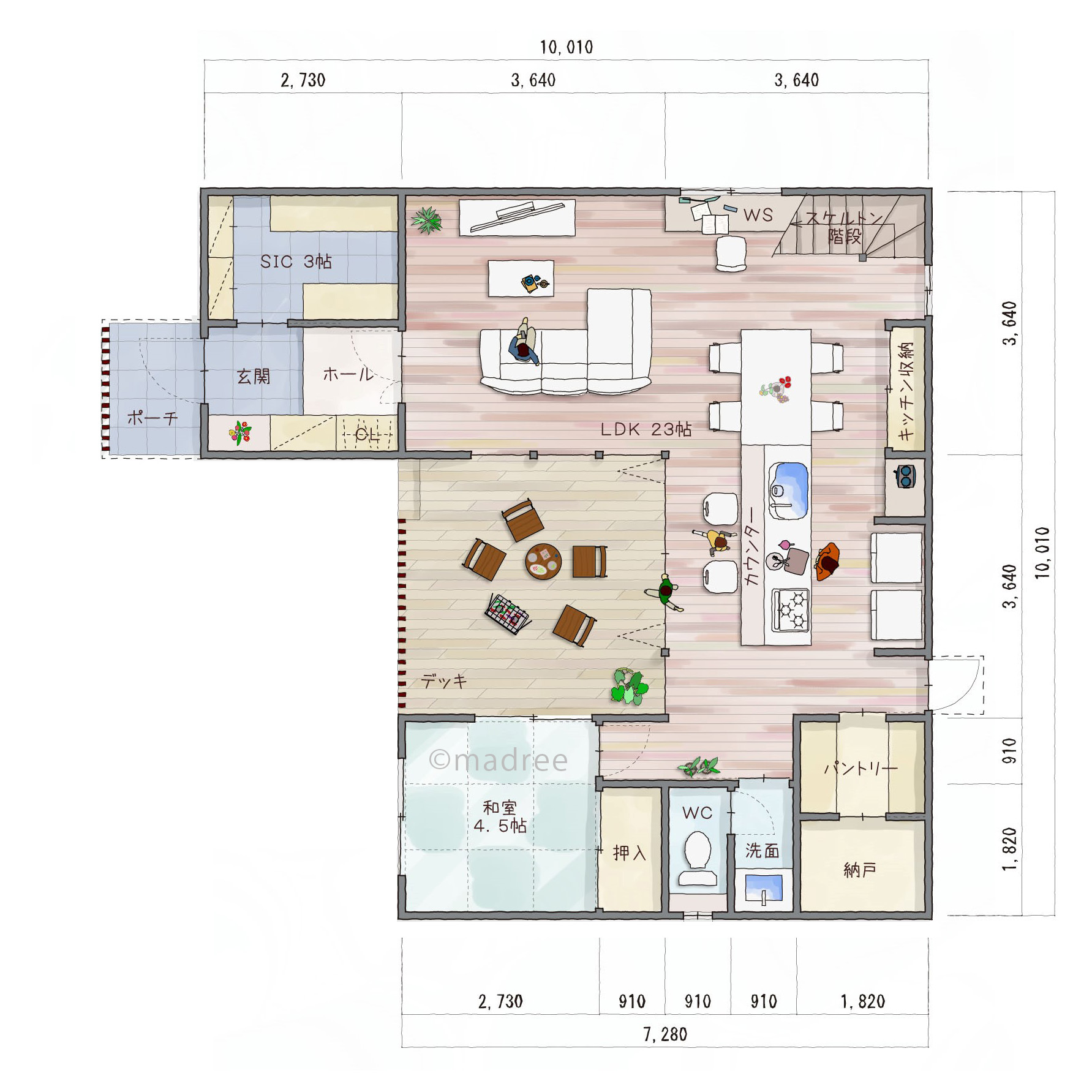 プライバシーと開放感を両立、光と風が心地よいコの字型の家