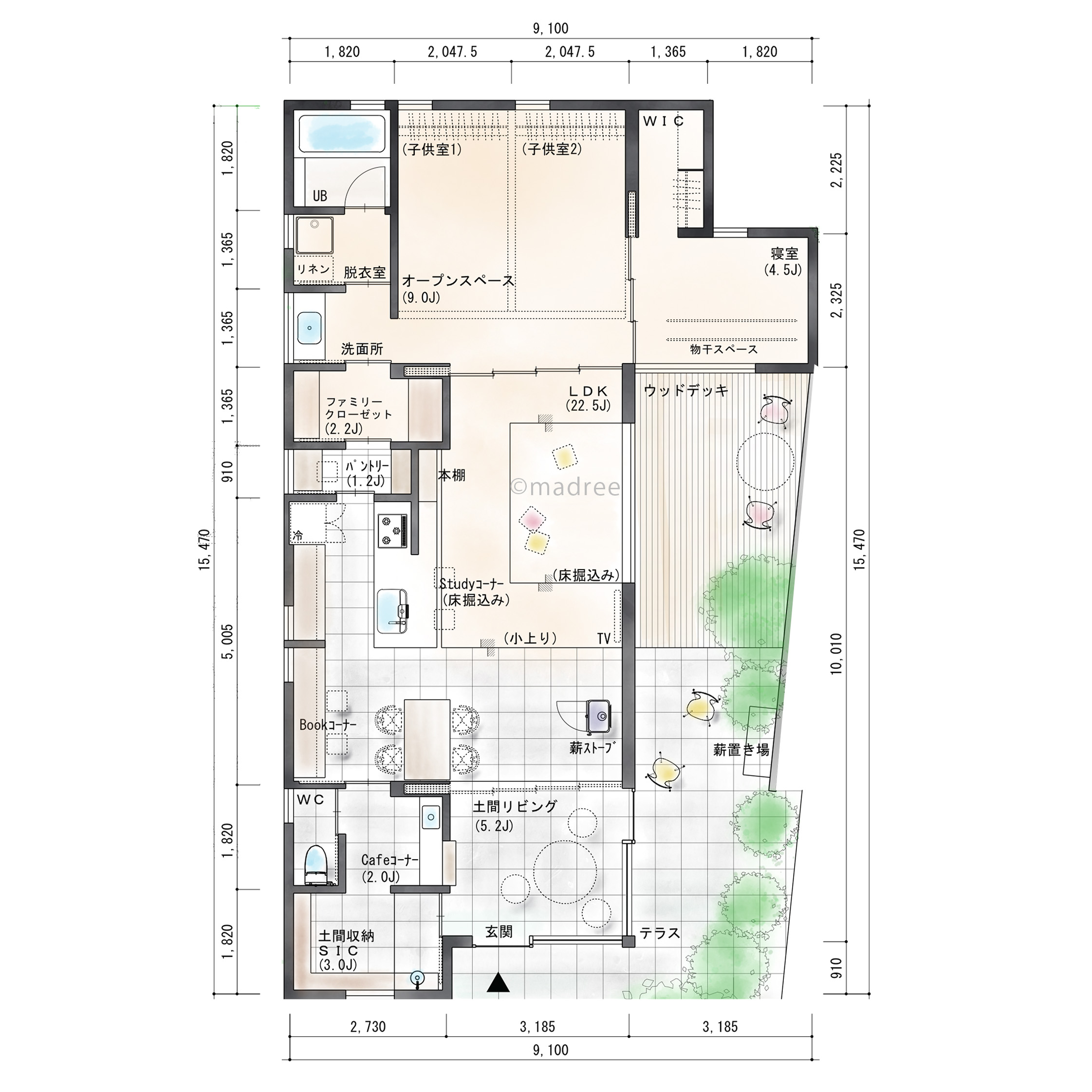 暖炉のある土間リビングに家族集う、趣味スペースに囲まれたくつろぎの平屋