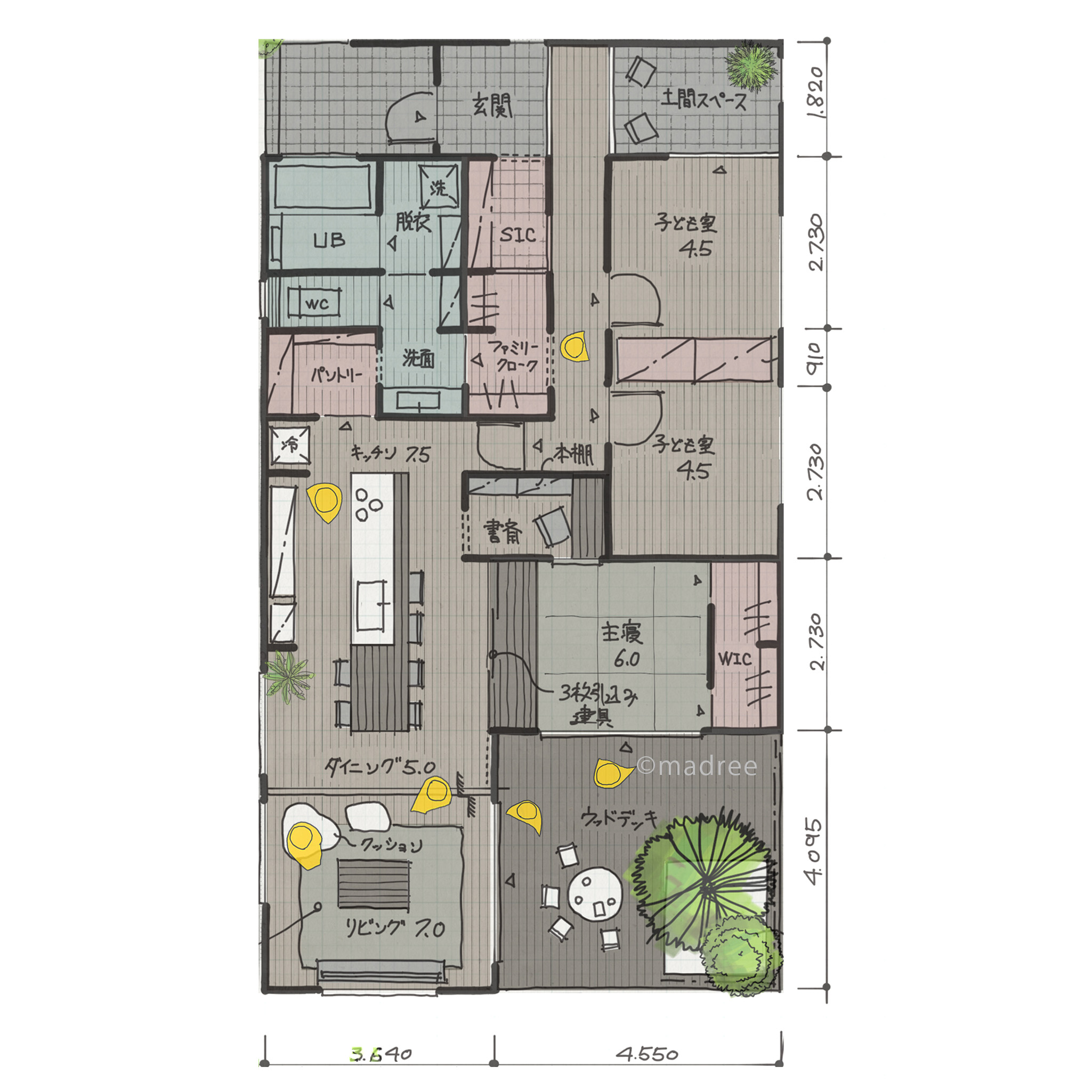 水回りをぐるっと回るラク家事動線で、四季を楽しむ広々ウッドデッキのある平屋