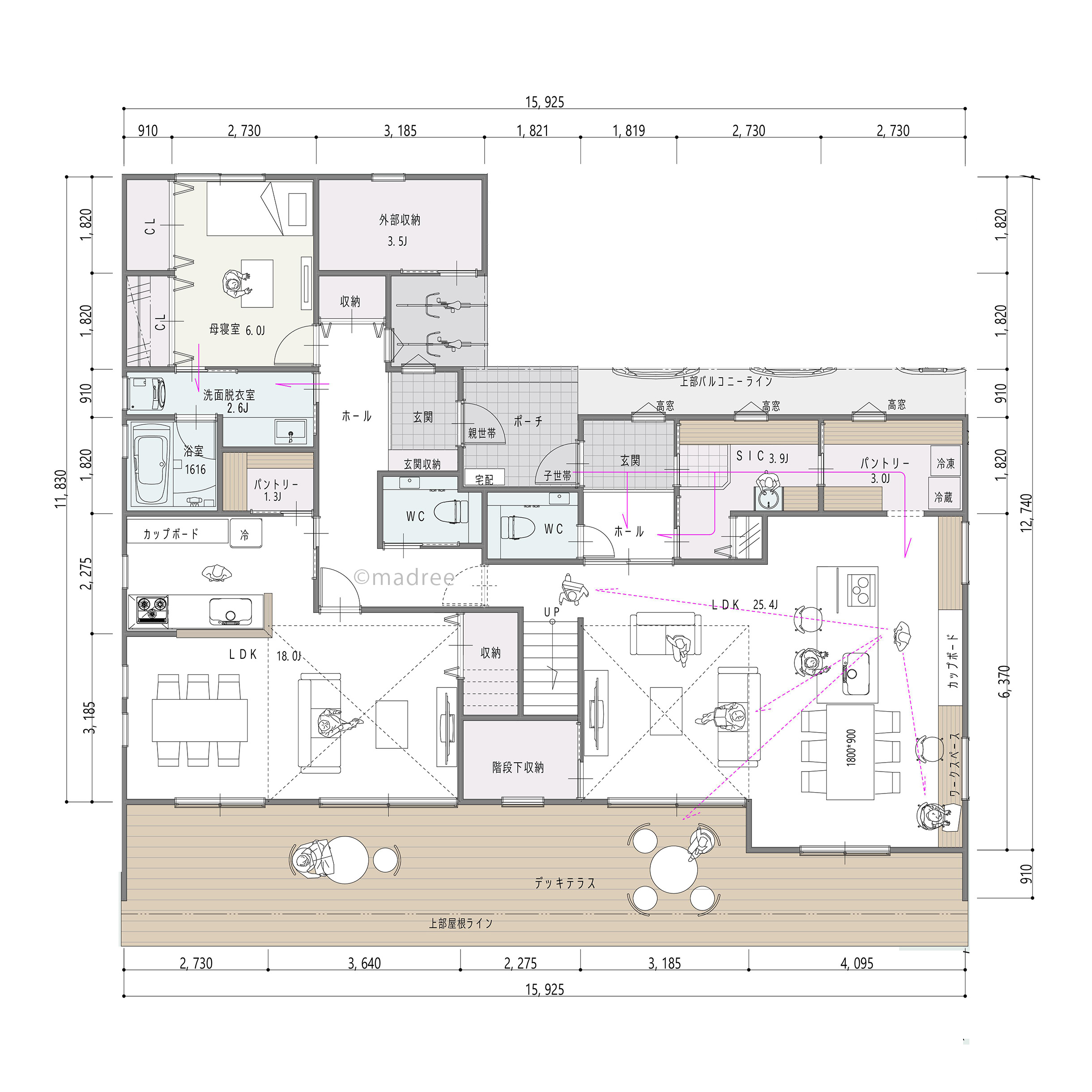 共有デッキで柔らかにつながる、プライバシー守られた明るい2世帯住宅
