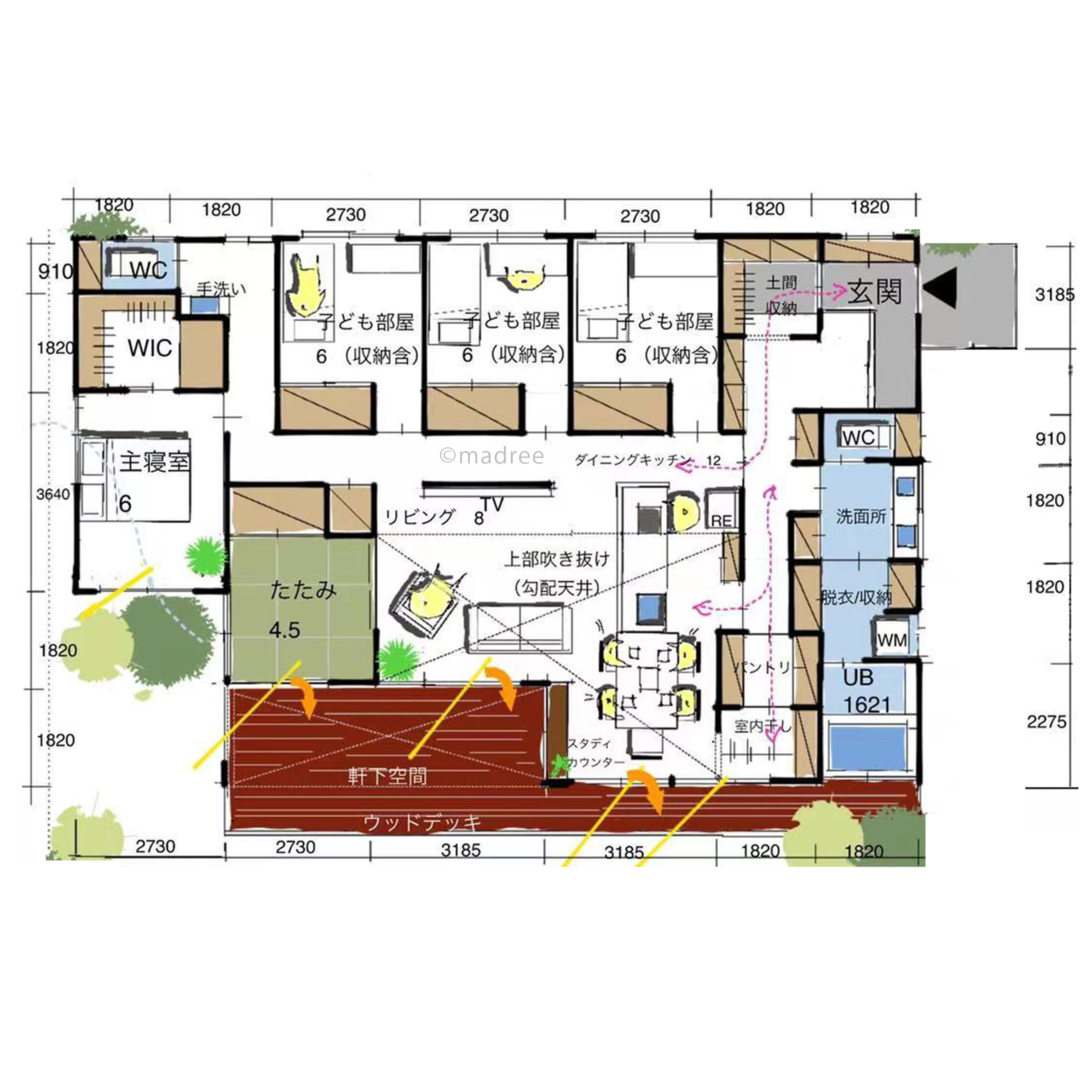 陽だまりリビングに家族集う、東西に伸びる明るい家