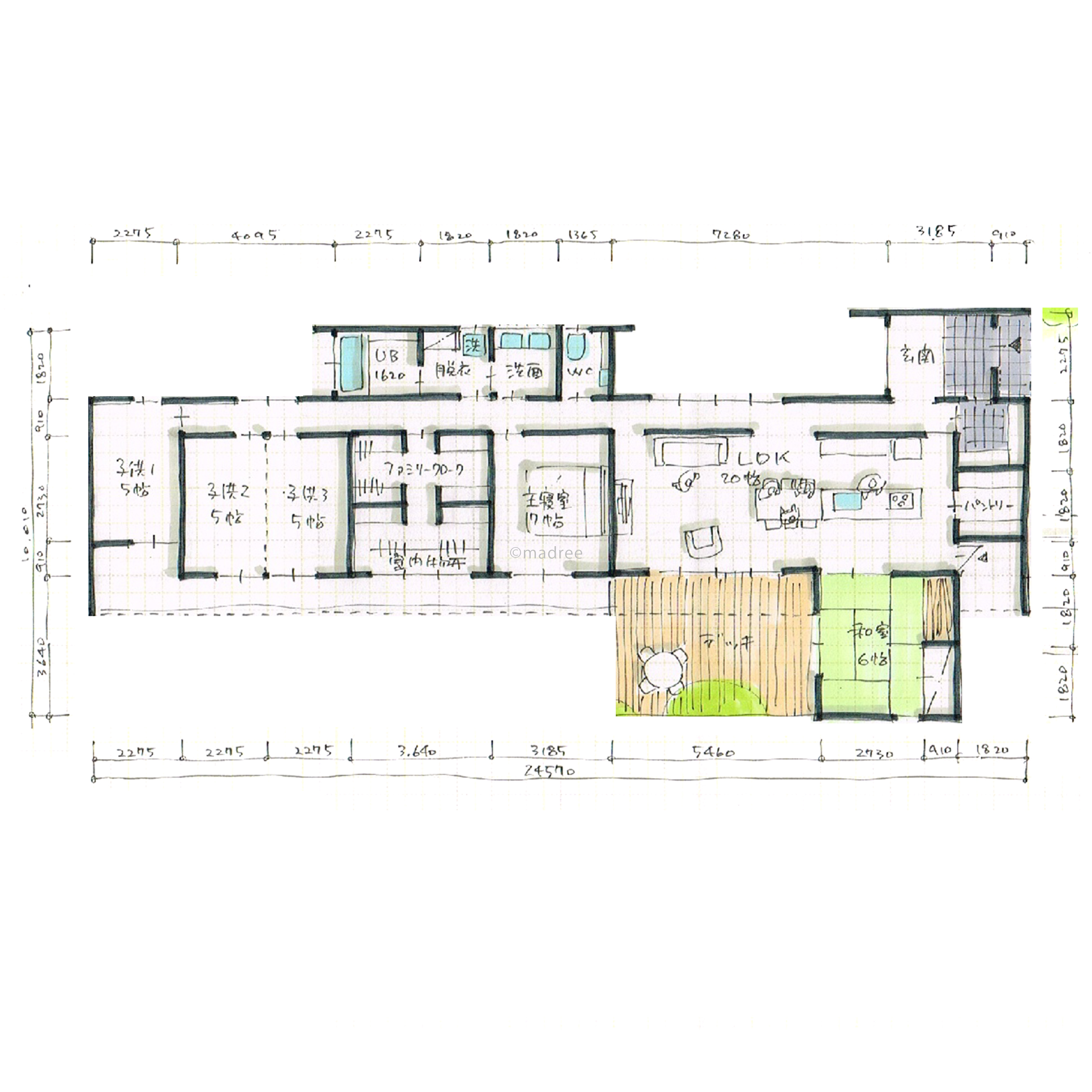 プライベート空間と開放感を両立、全室南向きの明るい横長の家