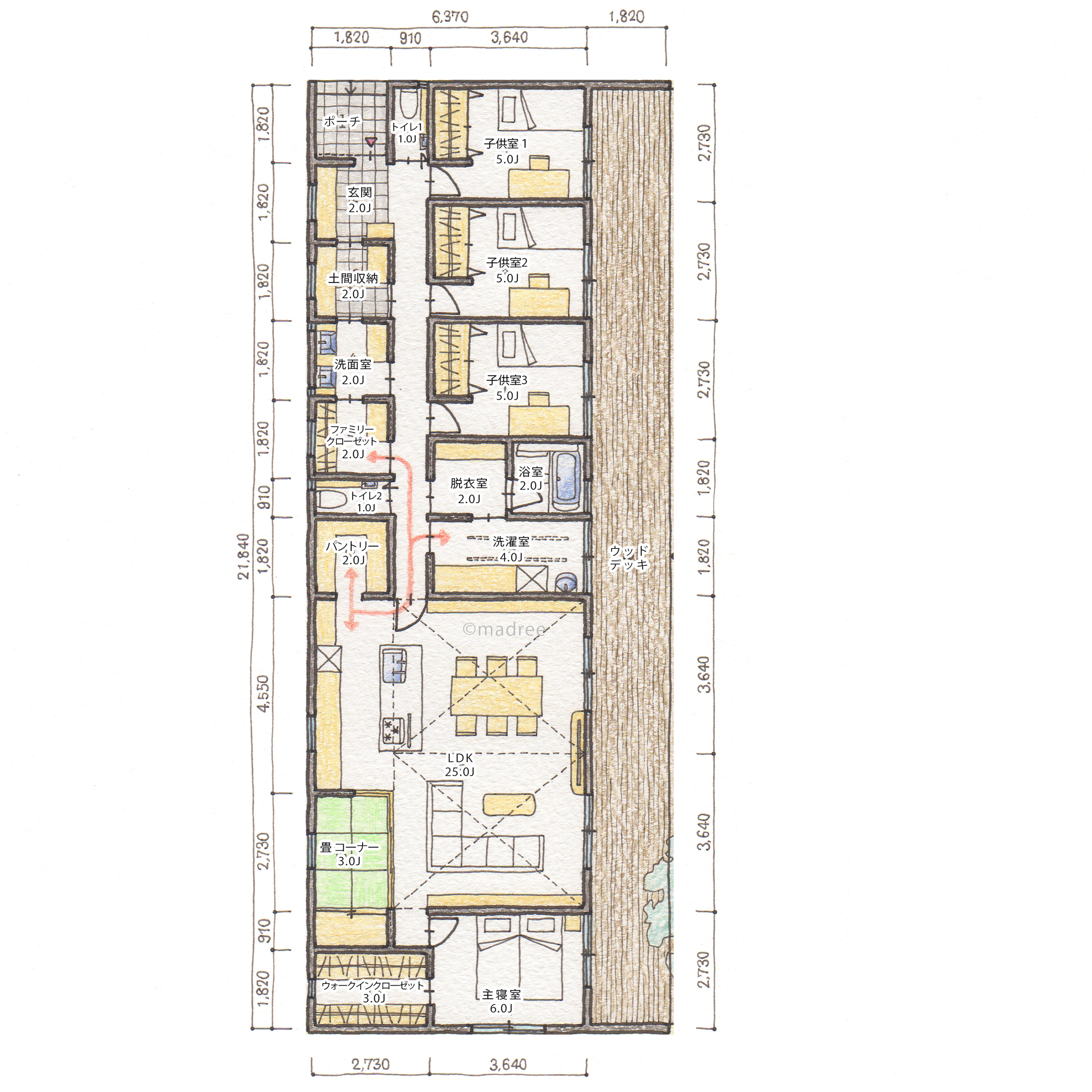 庭に出入りしやすいウッドデッキで自然と一体に、全室に光が届く細長い家