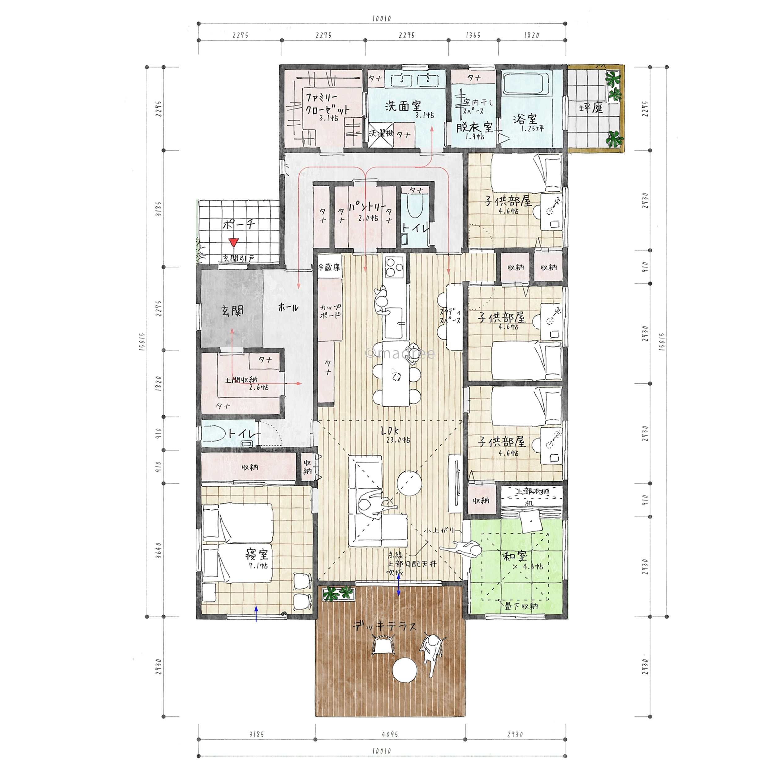 家族が各々のびのび過ごす、見守りキッチン中心の細長い平屋