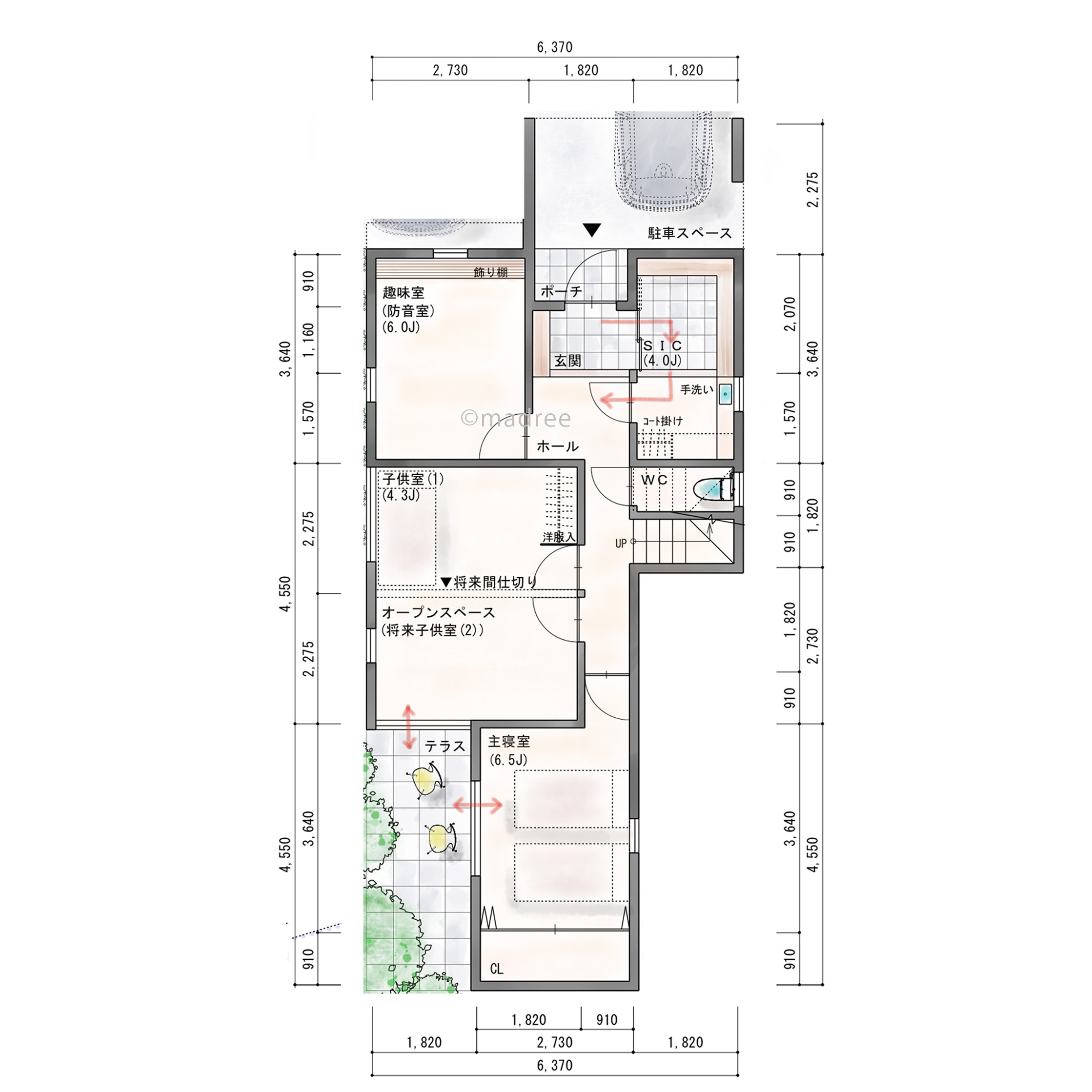光と緑に包まれる2階リビングと、家族各々の趣味スペースがある家
