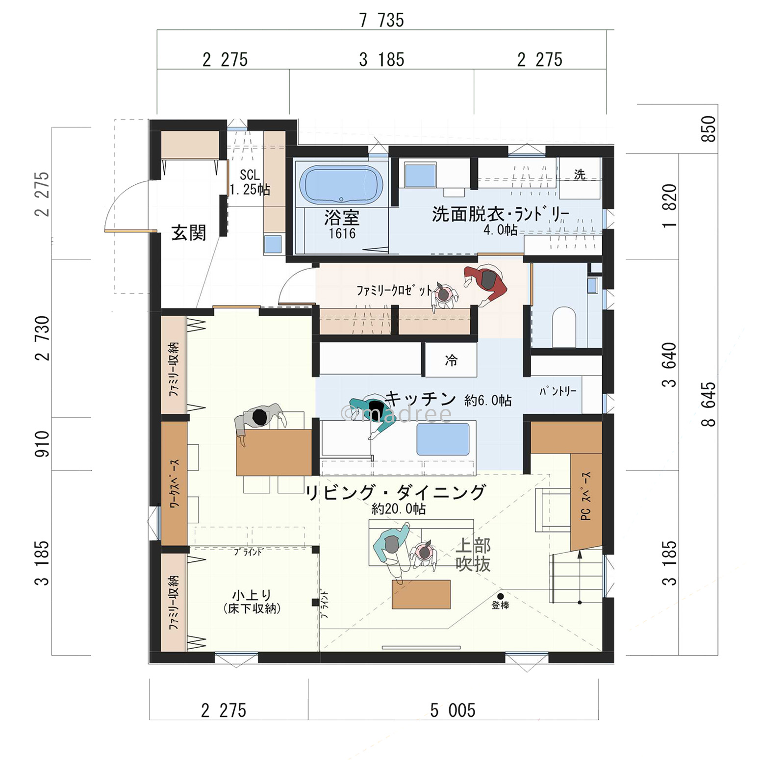 見守りキッチンで子どもがのびのび育つ、吹抜に登り棒のある遊び心いっぱいの家