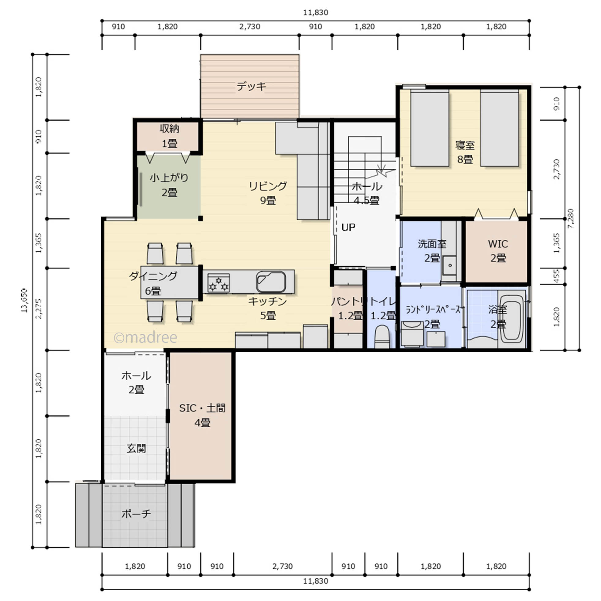 中心のキッチンから家族見守る、平屋のように使える回遊動線の家