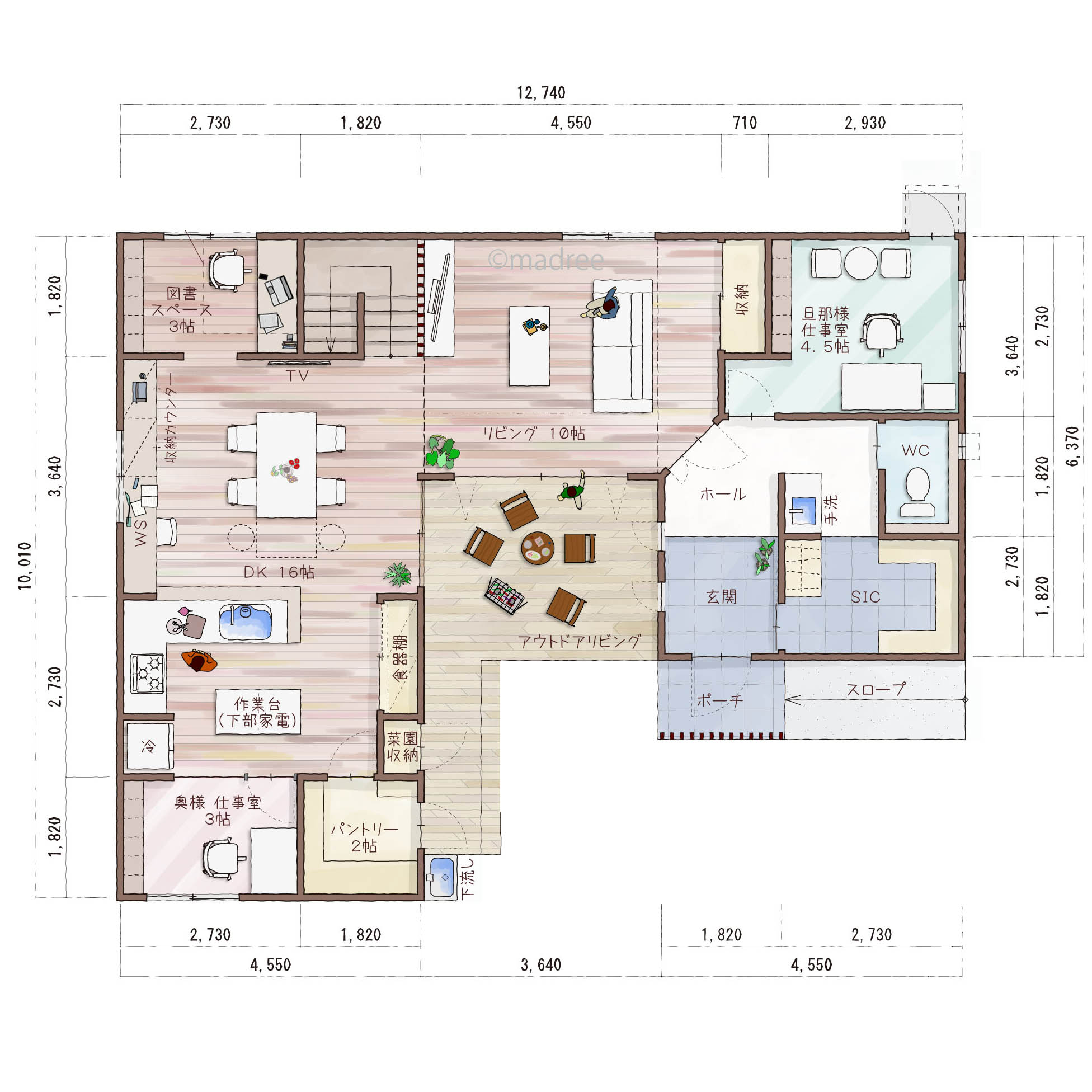 家族が自然に集う陽だまりリビングと、それぞれのワークスペースのある家