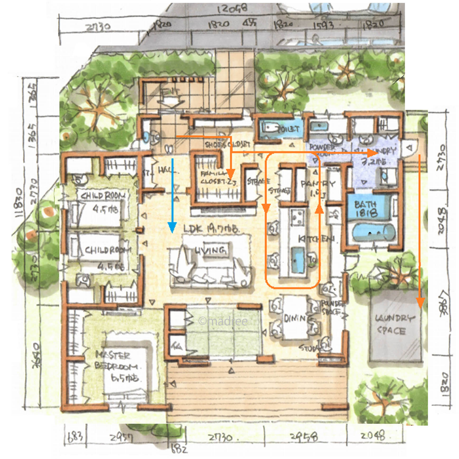 料理しながら家全体を一望できる、見守りキッチンが家族の安心生む平屋
