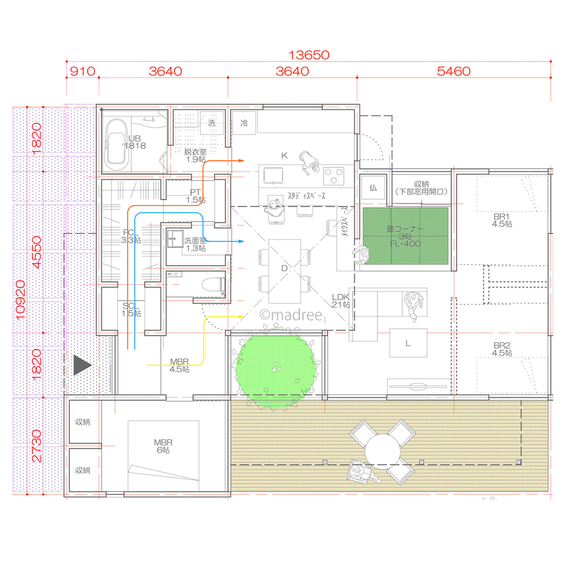動線を分けて暮らしやすく、中庭から光と風を呼び込む平屋