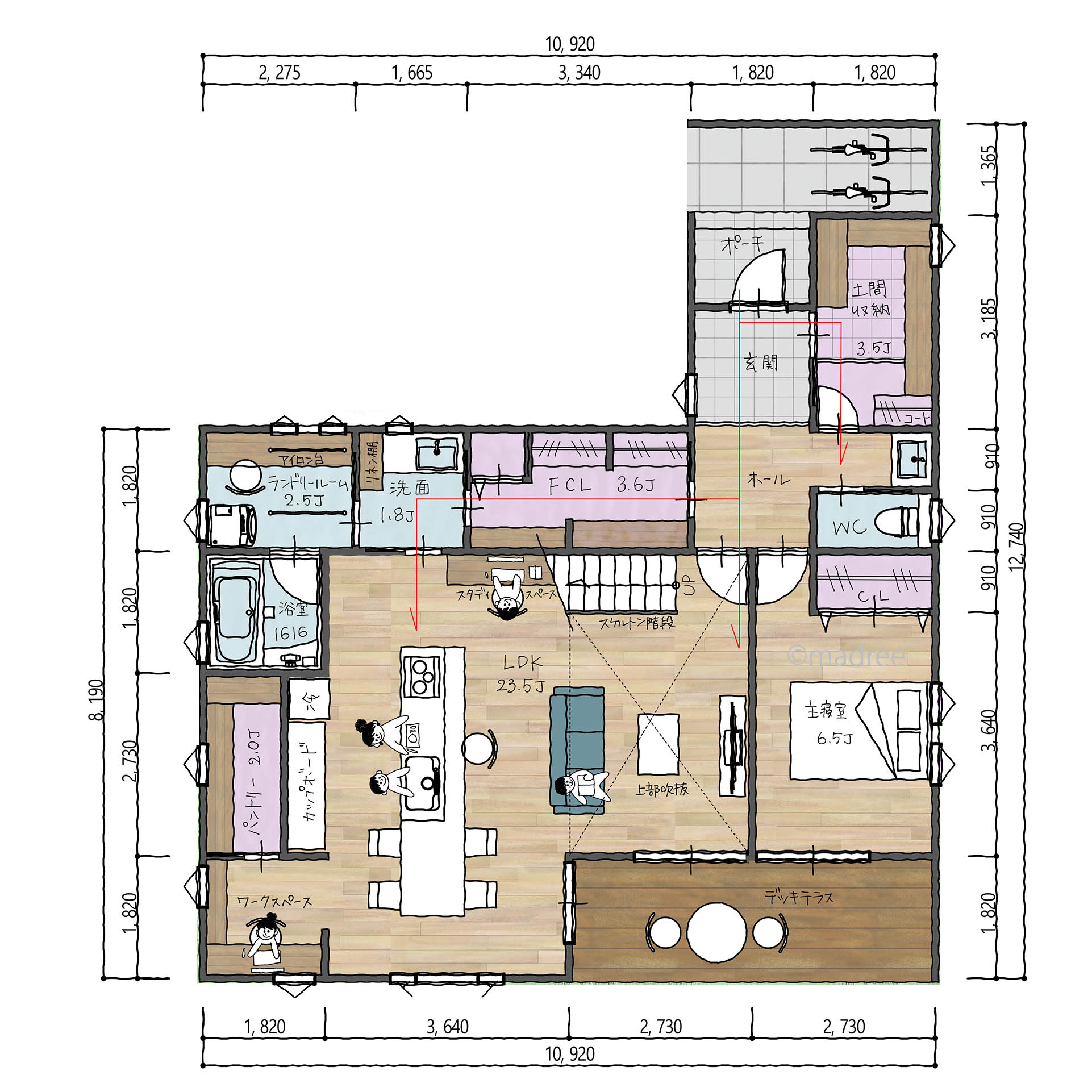 家族が各々趣味に没頭できる、１階完結型のほぼ平家の家