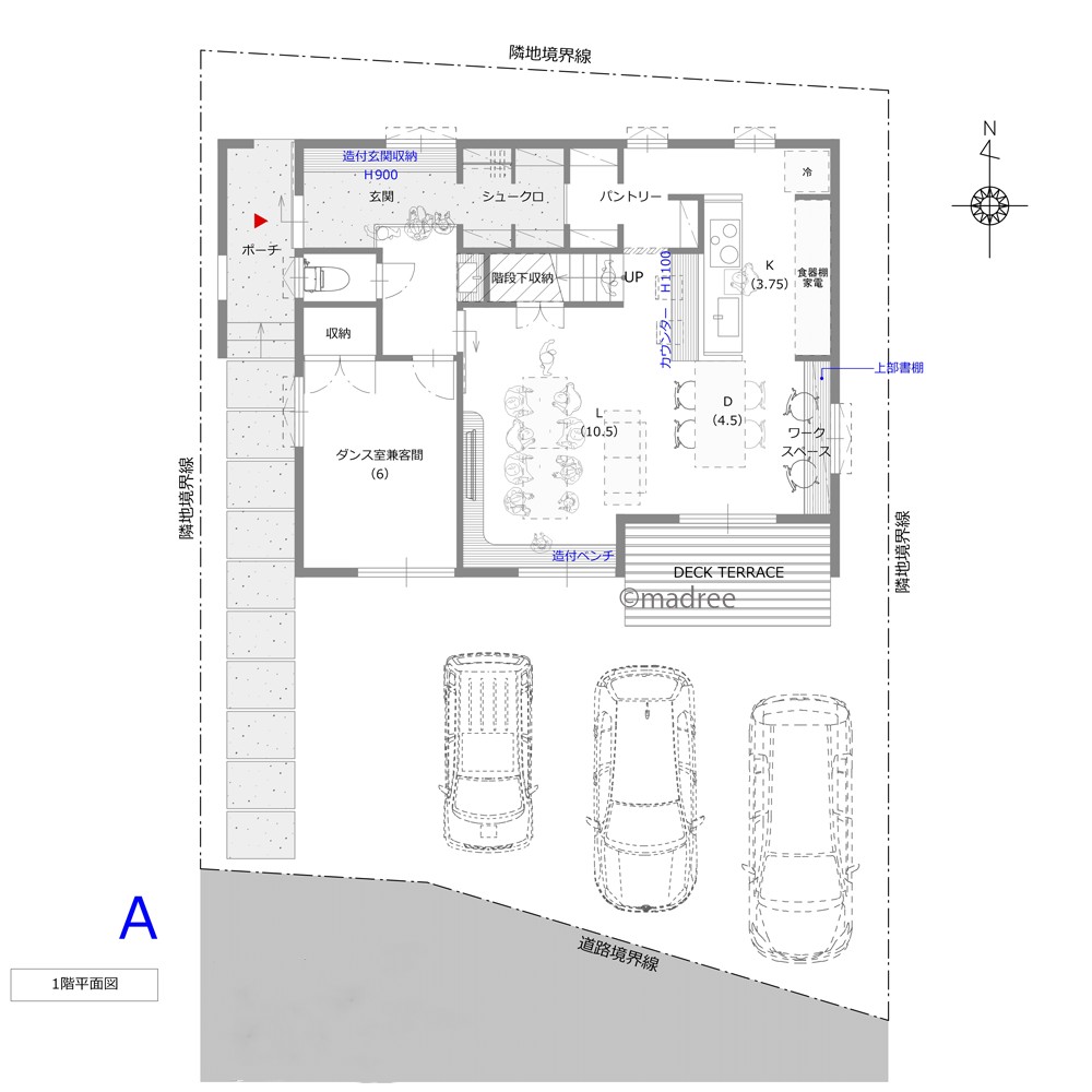 壁際ベンチで会話弾む、便利な2WAY動線の家