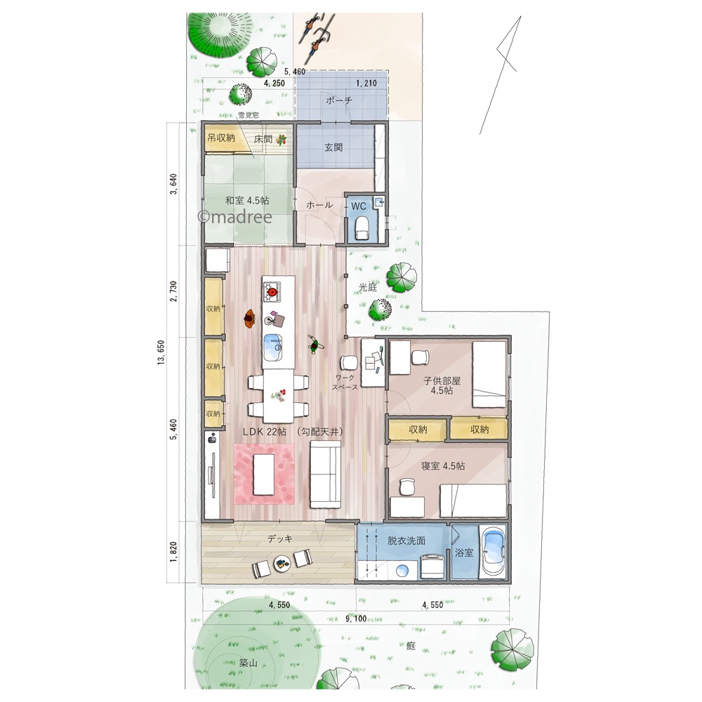明るく暖かく気分ほっこり、家族が自然とリビングに集まる平屋