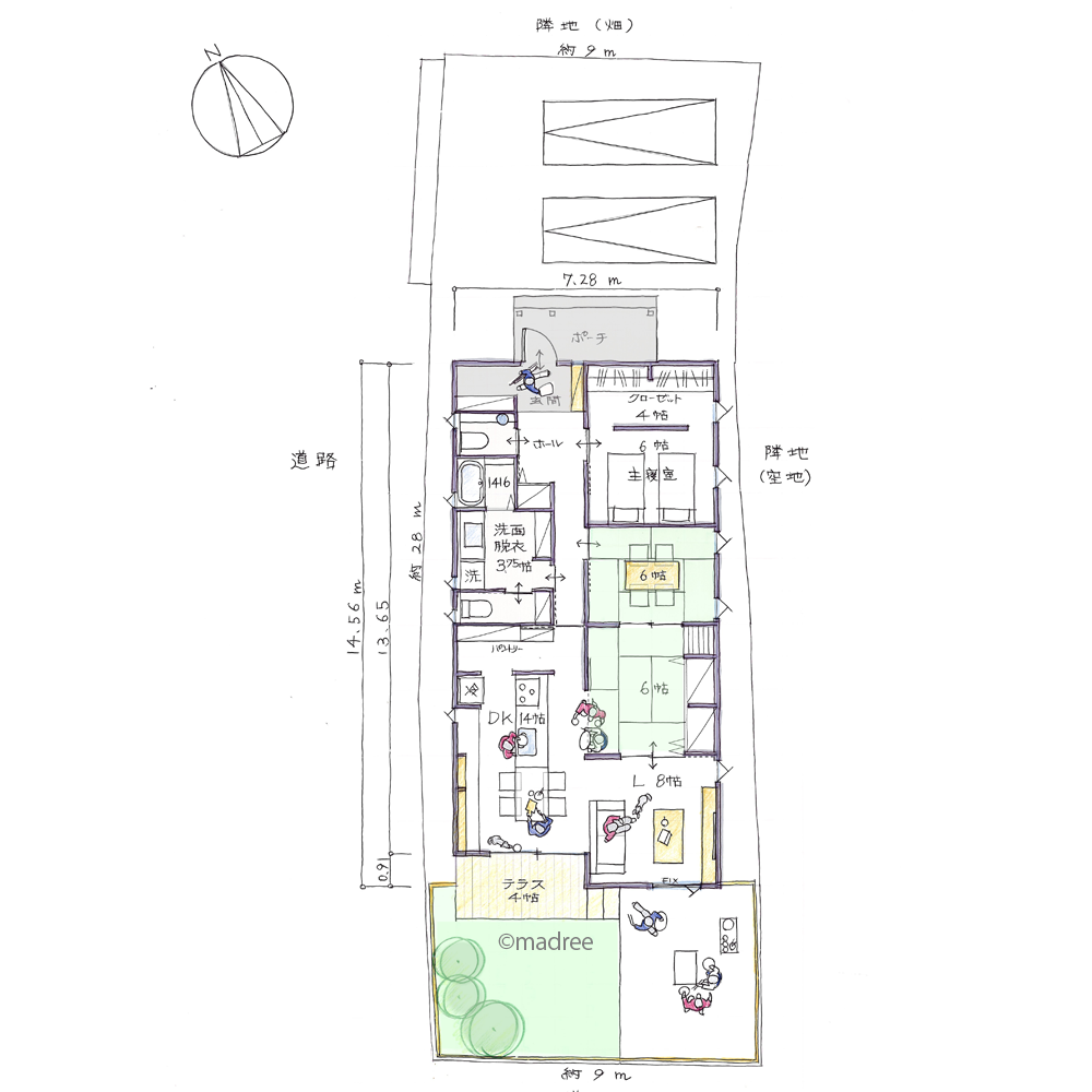 広いデッキテラスと開閉できる和室、リタイア後も人が集う明るい平屋