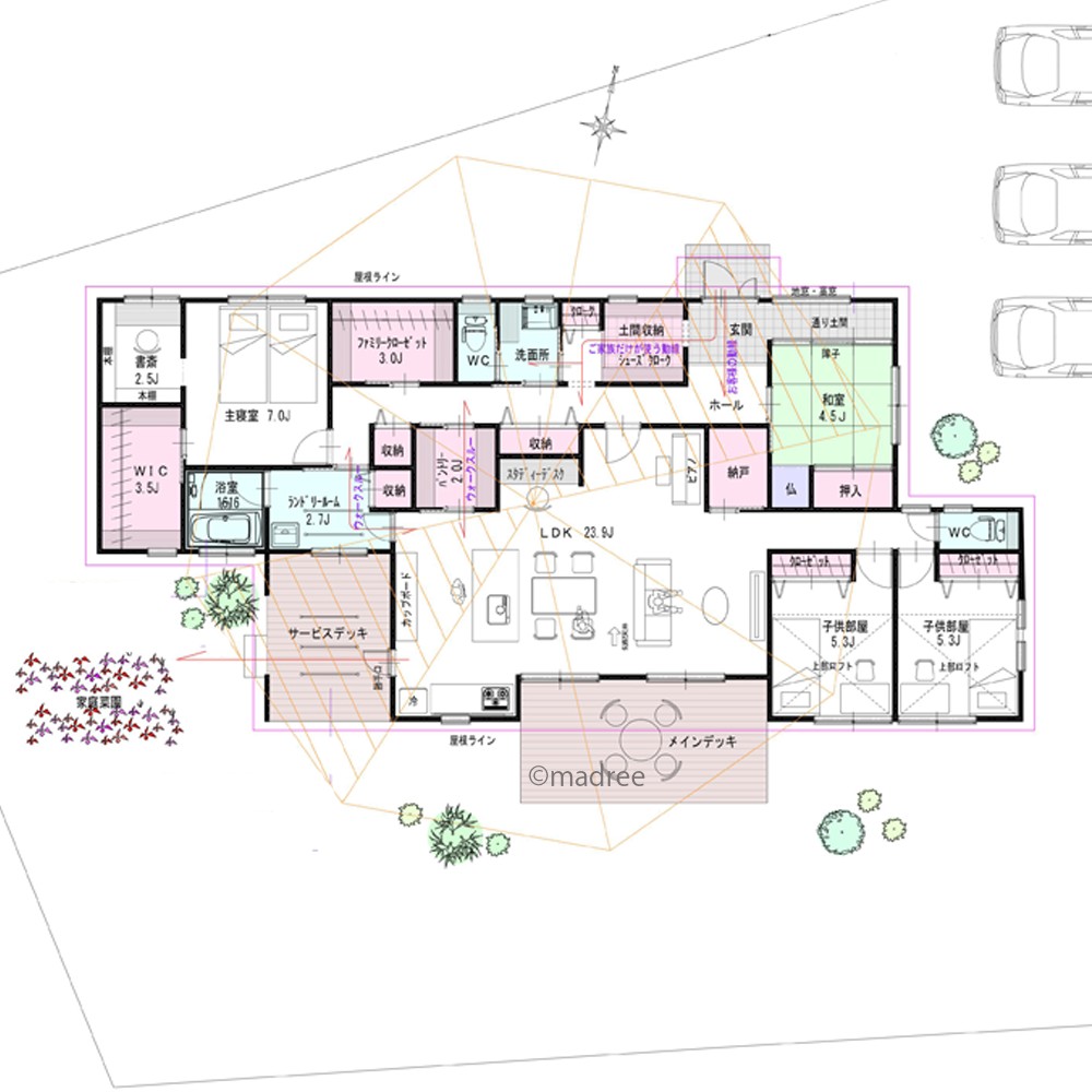 ウォークスルーで家事捗る、分割キッチンで料理楽しむ平屋