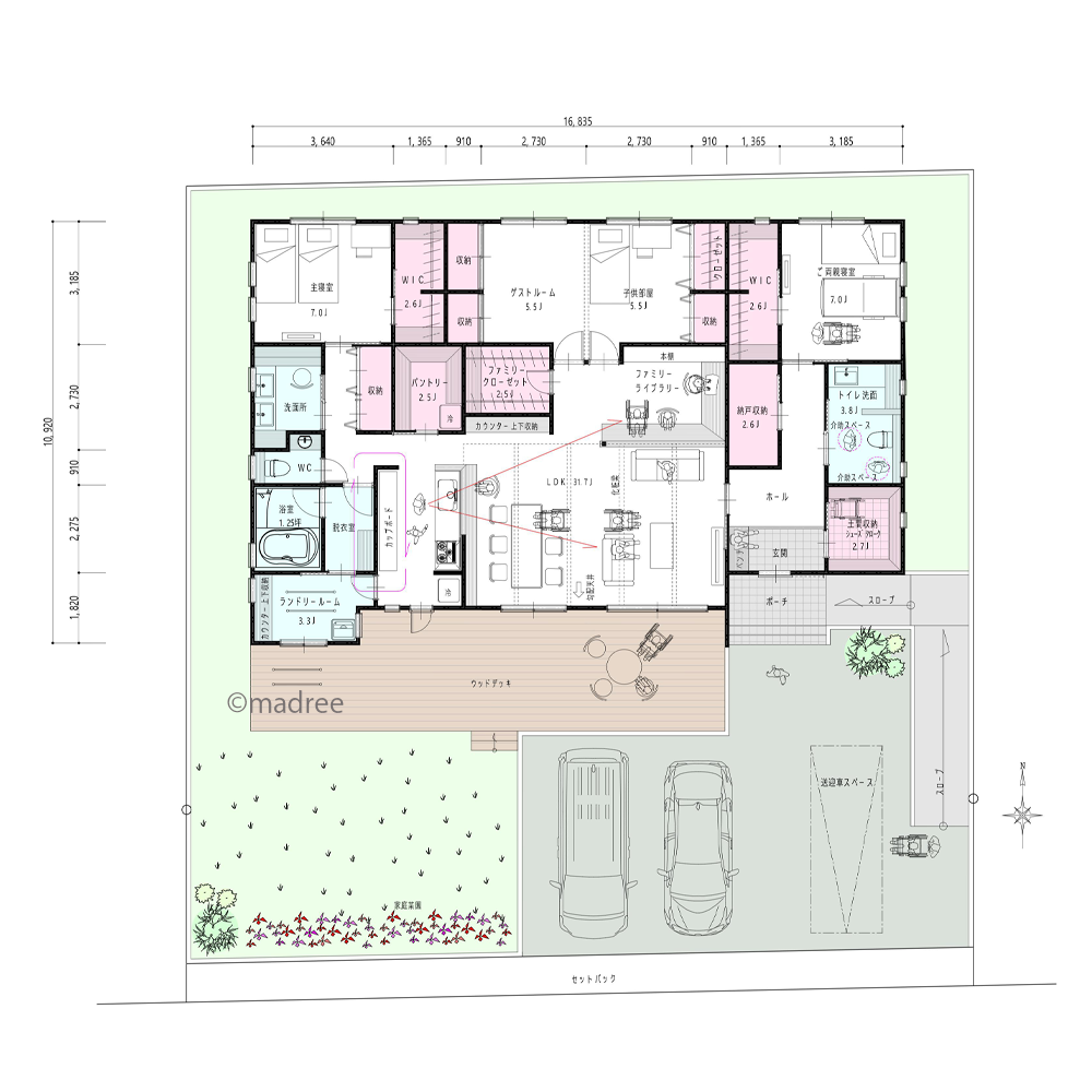 ストレスなく過ごせる明るいLDK、車椅子でも過ごしやすい平屋の二世帯住宅