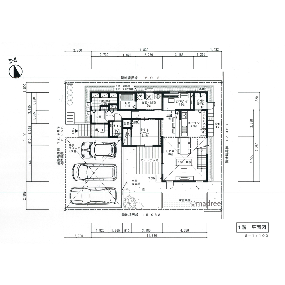大きな吹抜で光呼び込む、採光と風通し良いL字型の家