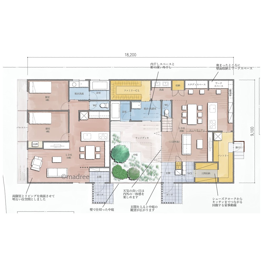 壁面活用し部屋を広く使う、ウッドデッキで繋がる多世帯で住む家