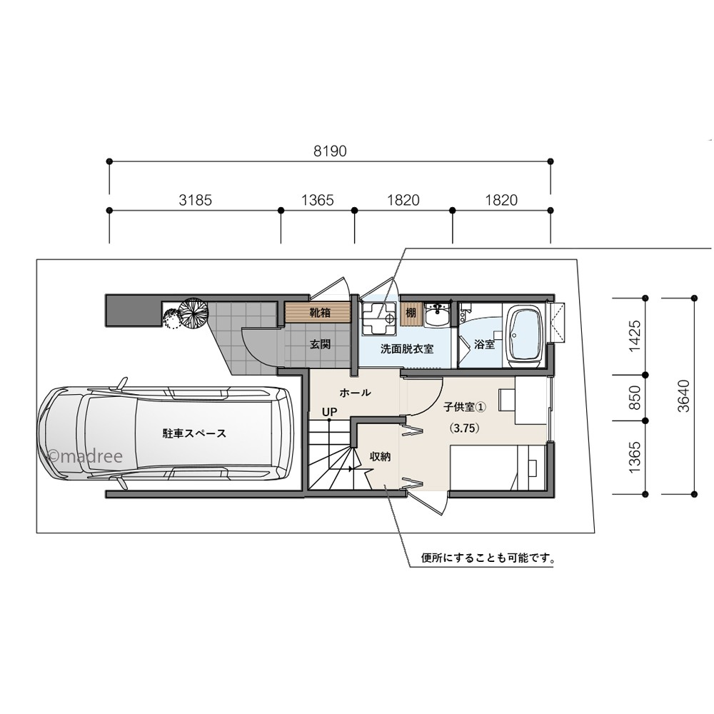 広く開放的な2階LDKで、玄関とビルトインガレージ繋がる3階建狭小住宅