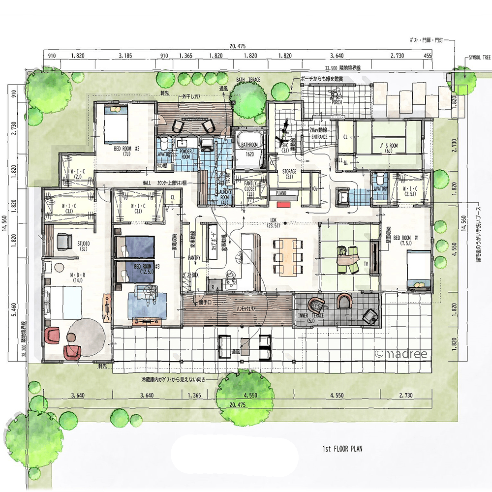 屋根の掛かる広々テラスで、天候を気にせずゆったり過ごす平屋の二世帯住宅