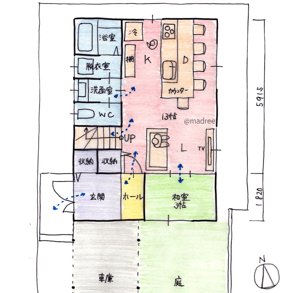 キッチンから庭まで視線が抜ける、家族と多く触れ合うリビング中心の家