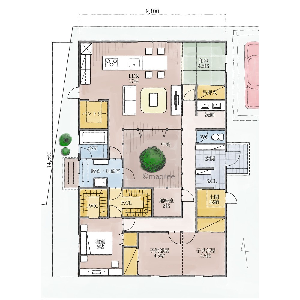 中庭をロの字にぐるりと囲む、行き止まり無く回遊できる平屋