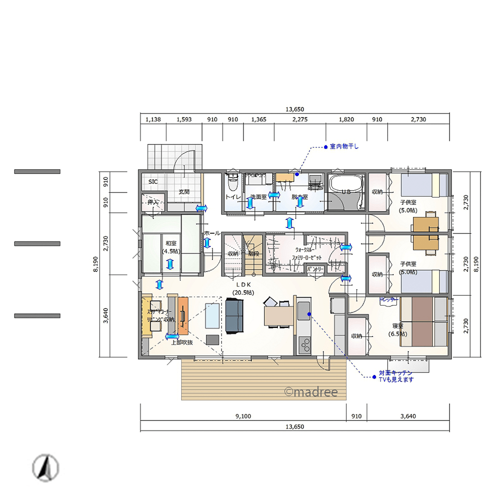 複数の回遊動線で作業効率UP、生活も家事もアクセス良く繋がる平屋