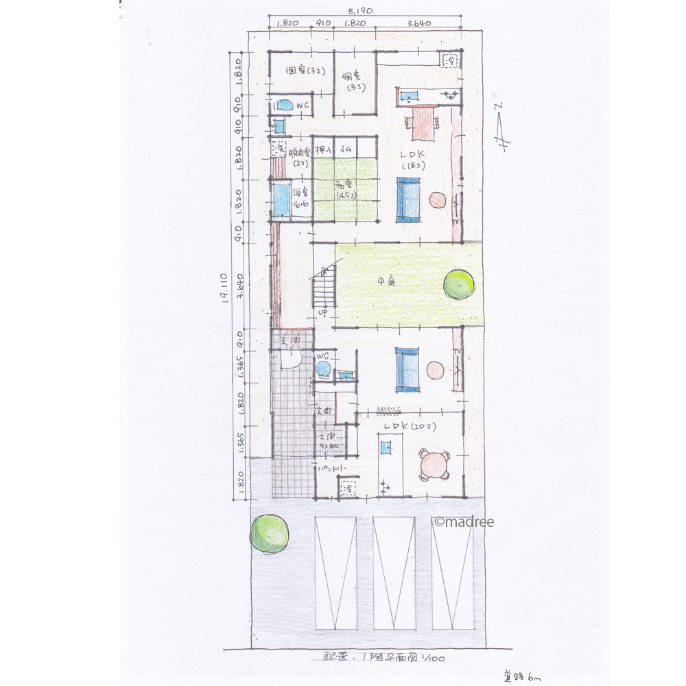 各世帯を独立させつつも、ゆるやかに中庭で繋がる二世帯住宅