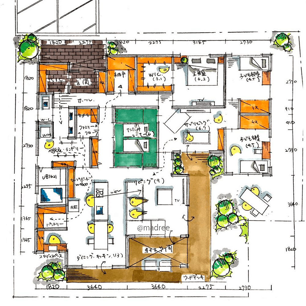 外に視線抜ける大開口リビング、随所に散りばめた植栽で心温まる平屋