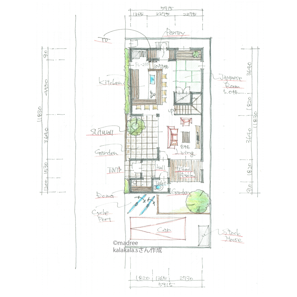 中庭と吹抜が明るく広がる密集地の家
