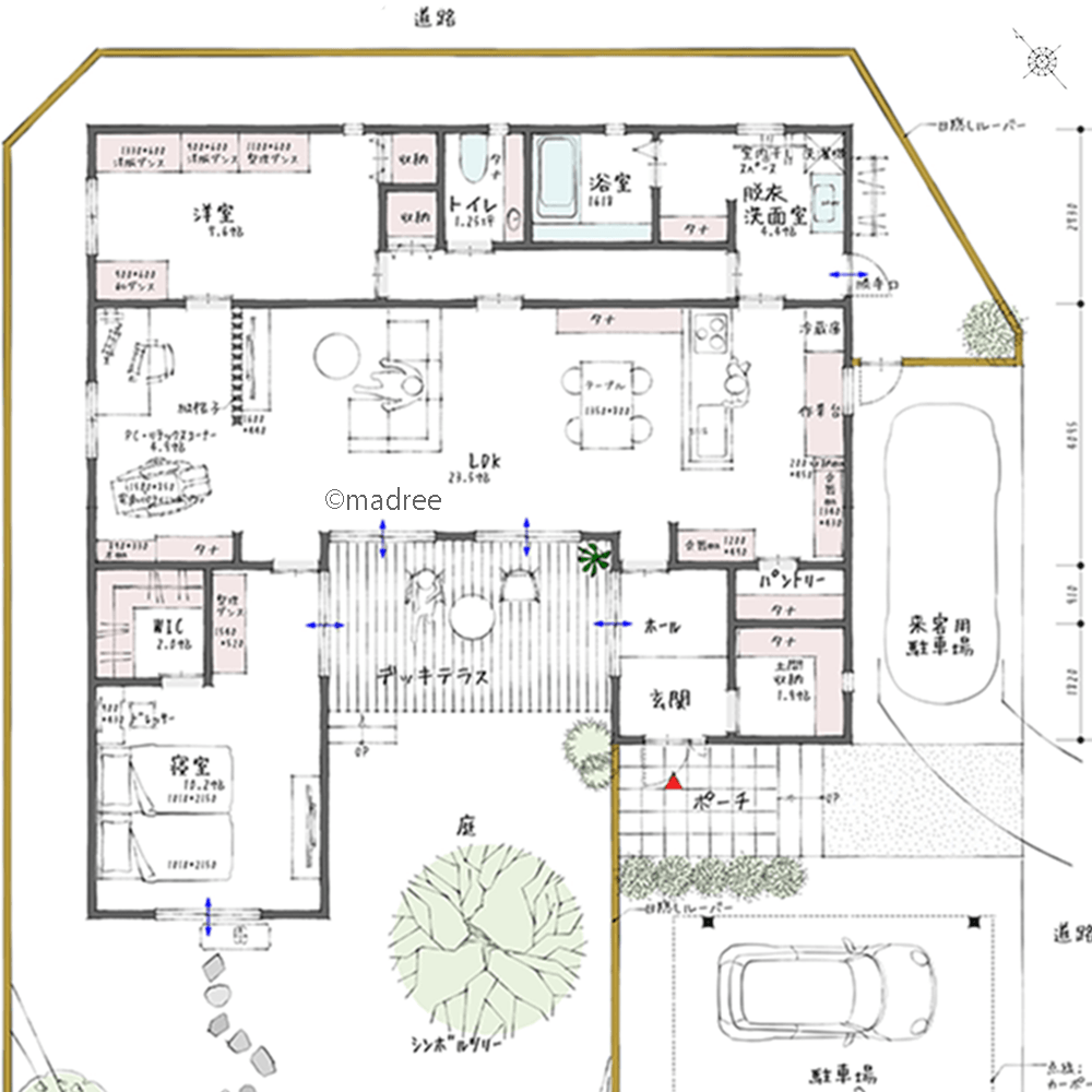 開口窓から採光デッキへ広がる一体感、ゆったりとした空間で老後を快適に過ごす平屋