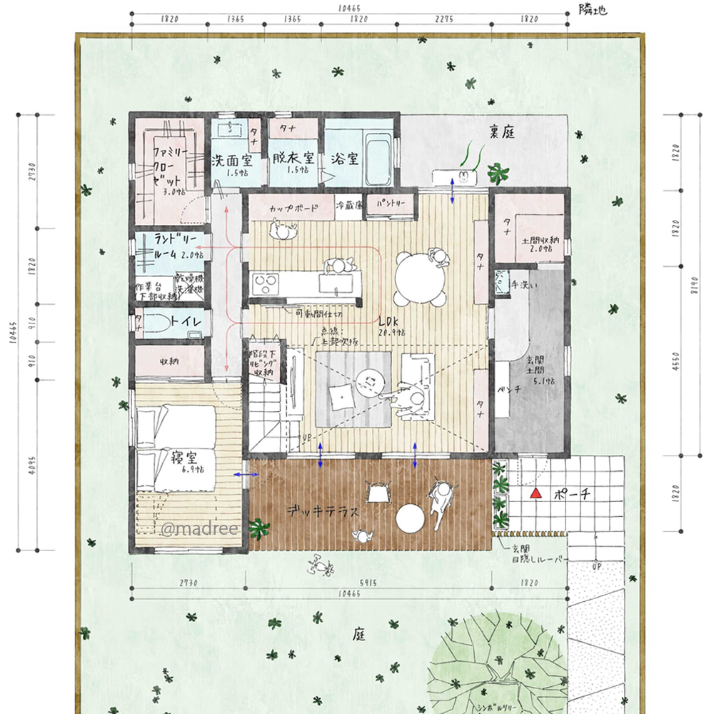 無駄のないL字型水廻り動線、生活空間を集約したほぼ平屋の家