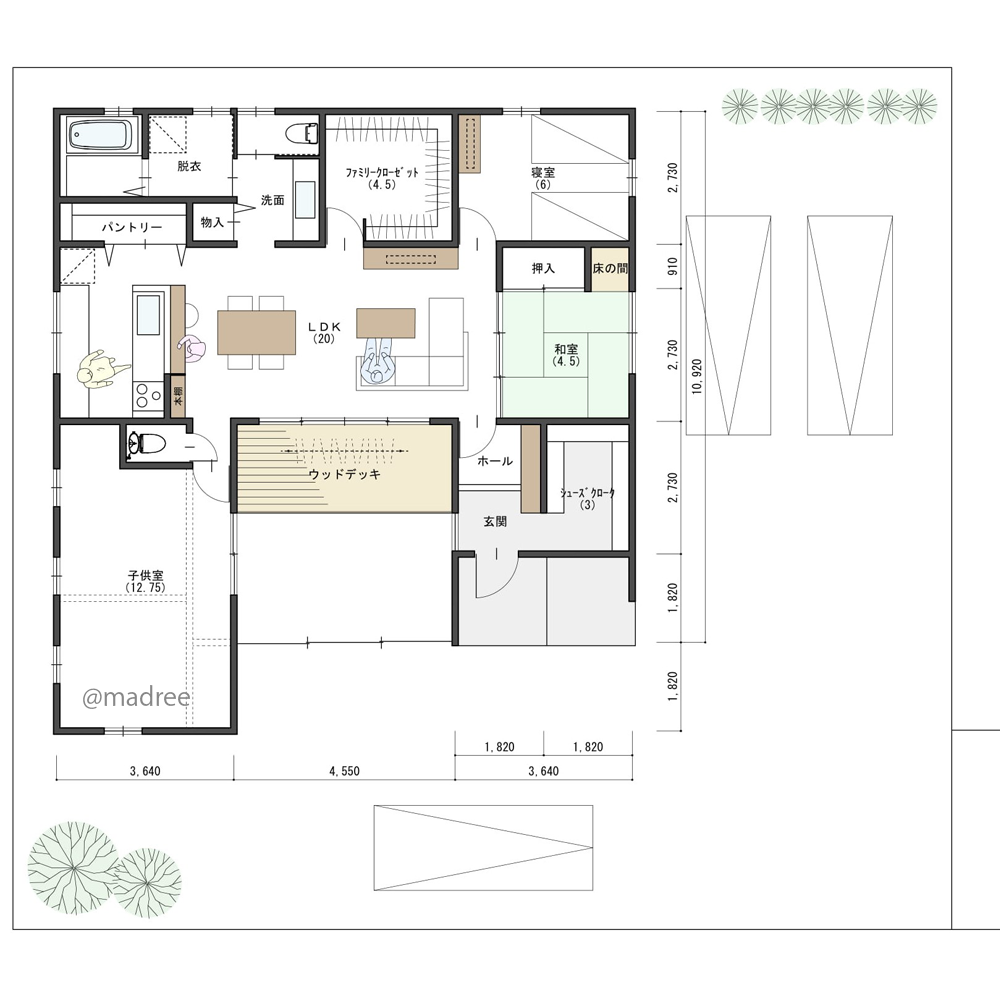 LDKから広がるプライベート空間、家族が安心して過ごす中庭のある平屋