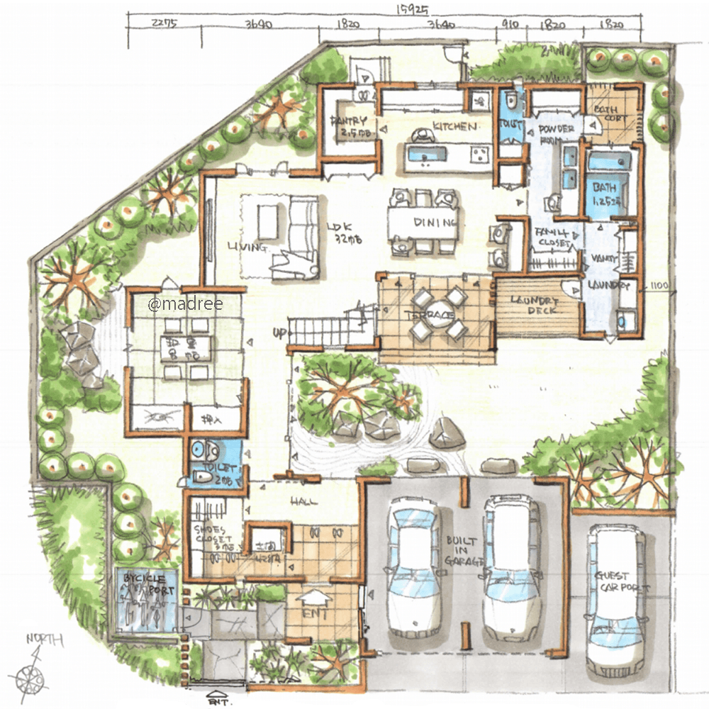 ダイナミックな中庭で魅せる来客動線、豊かな時間流れる自然に満ちた家