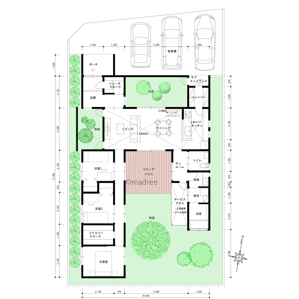 家族が自然と集うLDK、全居室明るい平屋