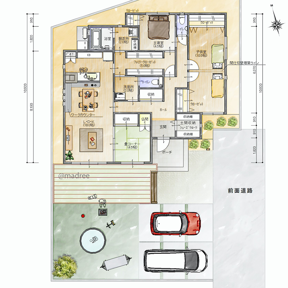 生活空間から離れた休まる寝室、ファミクロ起点スムーズ家事動線の平屋