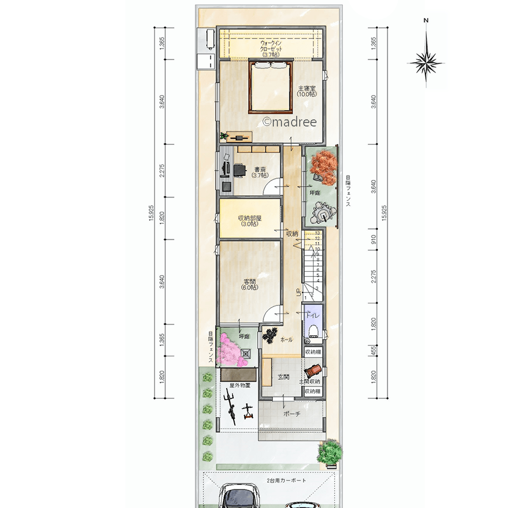 視線が外に抜ける坪庭とバルコニー、狭い間口でも奥行たっぷり感じる家