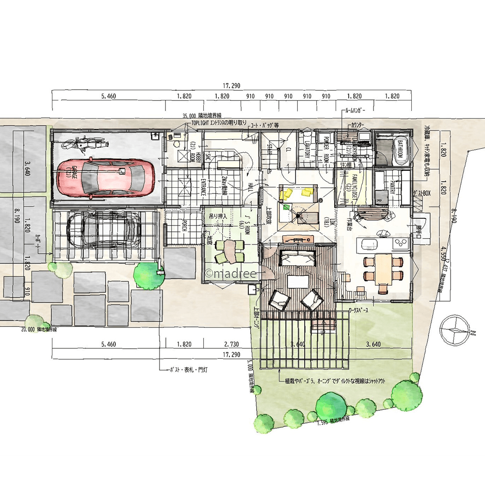 コの字で囲むプライベート空間、屋根のあるテラスで気持ち良くランチ楽しむ家
