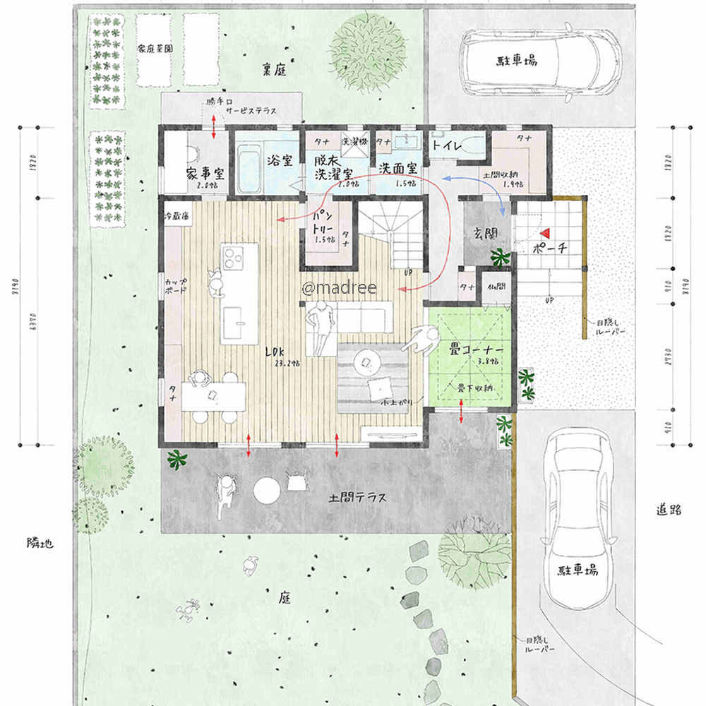 魅せるキッチンから空間広がる、隠れるテラスでゆったり家時間過ごす家