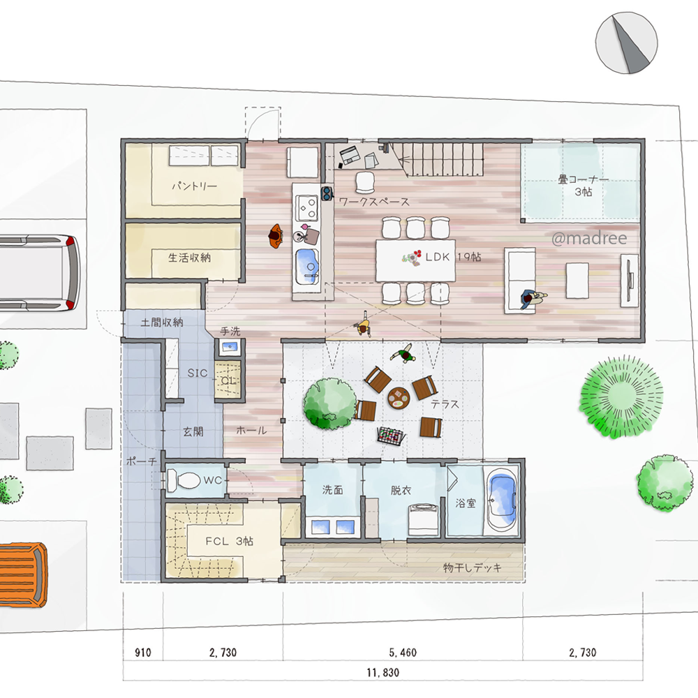 プライバシー守る中庭から光と風が注ぐ、心落ち着く趣味スペースのある家
