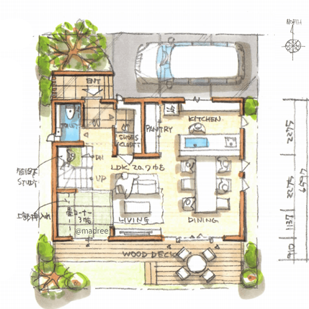 南向きに外と繋がり開放感UP、中心のリビングに家族集う家