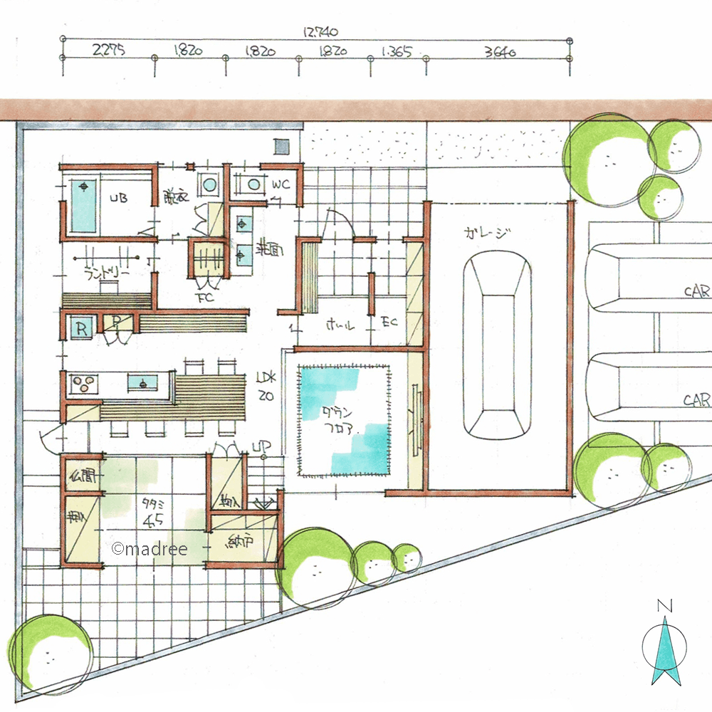 包まれるような安心感、ピットリビングでLDK空間に変化をつけた家