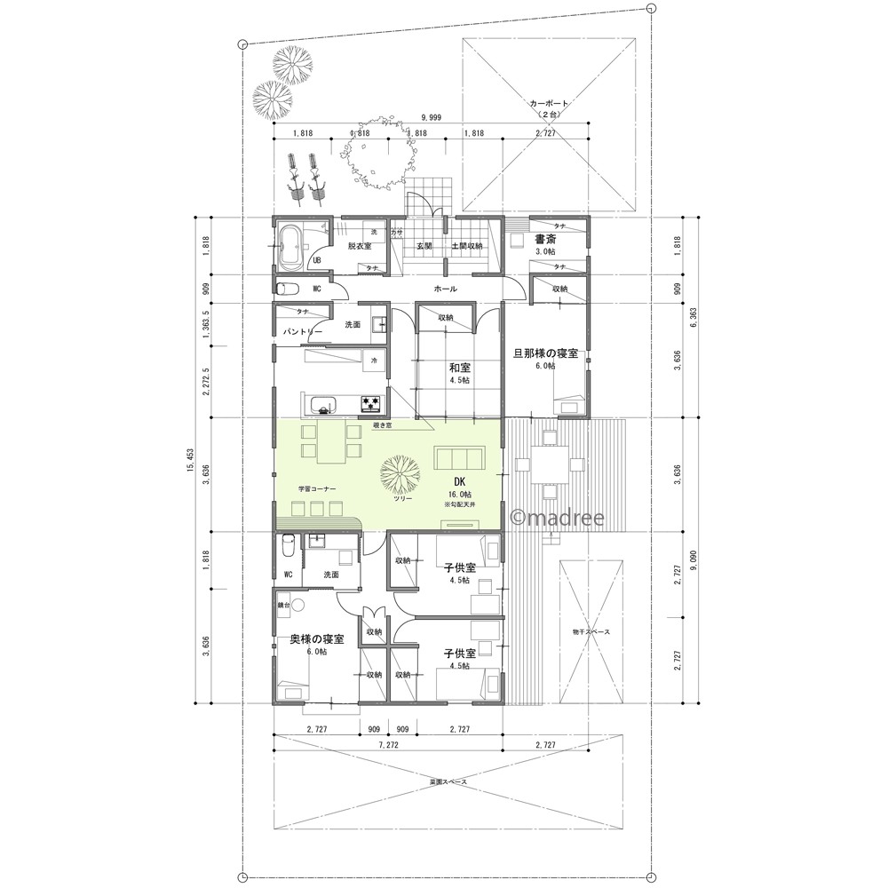 中心のLDKで家族集う、異なる生活時間に配慮した平屋