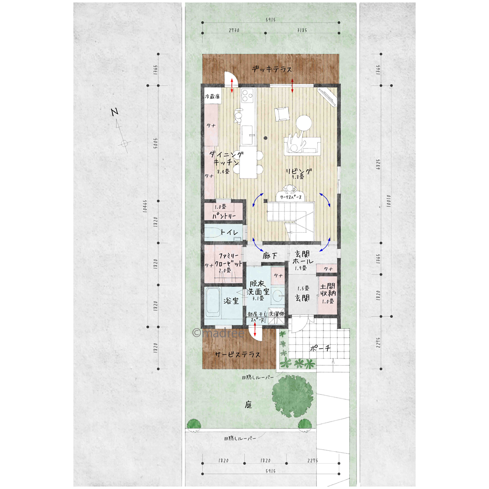 吹抜で採光工夫、眺め生かす北側LDKの家